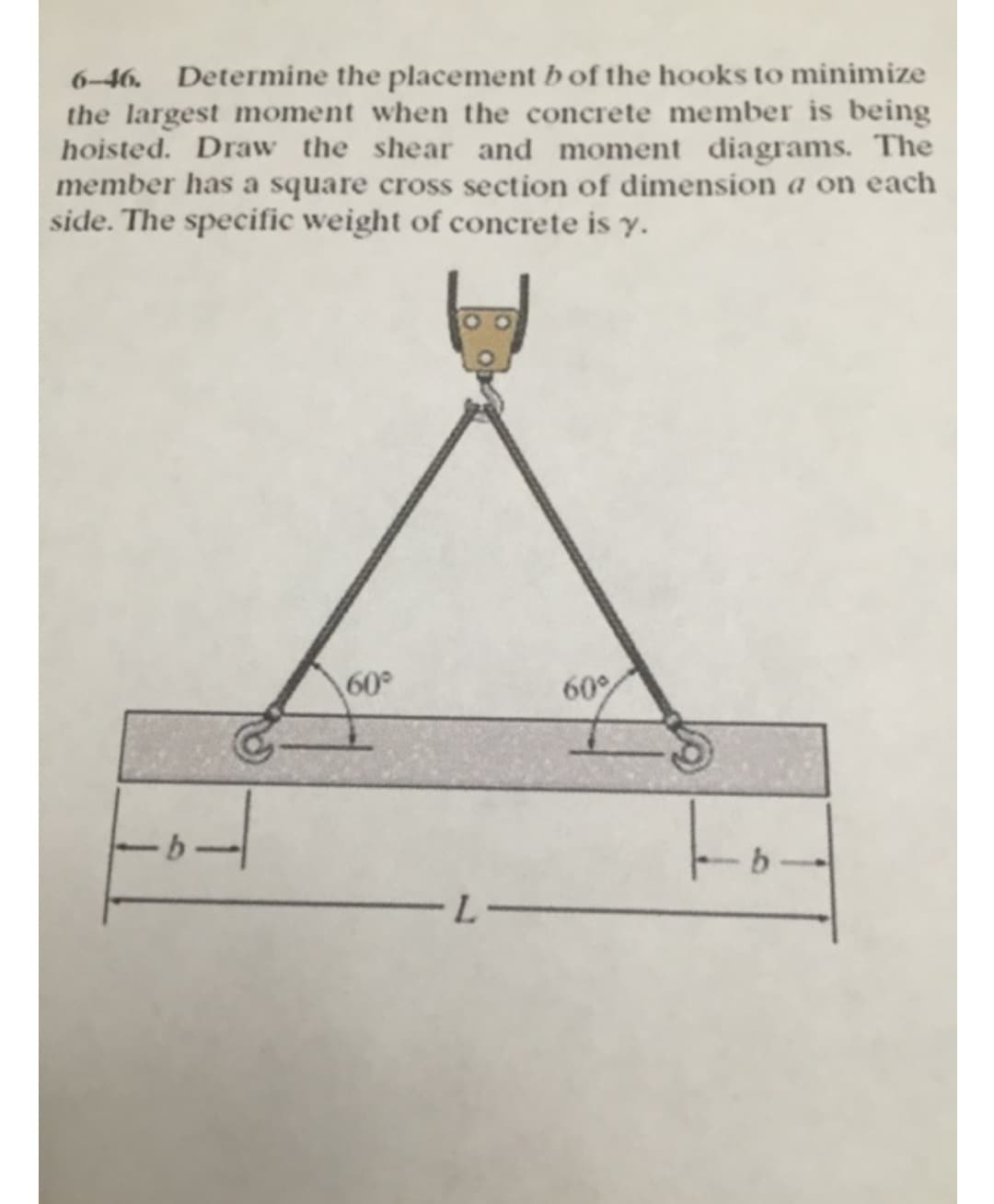 6-46. Determine the placement b of the hooks to minimize
the largest moment when the concrete member is being
hoisted. Draw the shear and moment diagrams. The
member has a square cross section of dimension a on each
side. The specific weight of concrete is y.
60°
B
-L-
60%