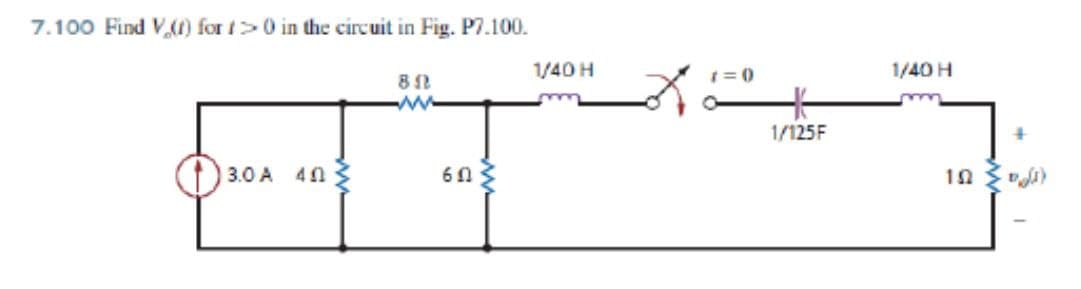 7.100 Find V(t) for >0 in the circuit in Fig. P7.100.
80
w
3.0 A 40
60
1/40 H
1=0
1/125F
1/40 H
102