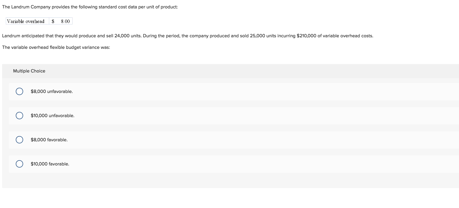 The Landrum Company provides the following standard cost data per unit of product
Variable overhead
8.00
Landrum anticipated that they would produce and sell 24,000 units. During the period, the company produced and sold 25,000 units incurring $210,000 of variable overhead costs.
The variable overhead flexible budget variance was:
Multiple Choice
$8,000 unfavorable.
$10,000 unfavorable.
$8,000 favorable.
$10,000 favorable.
