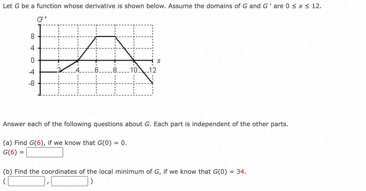 Let G be a function whose derivative is shown below. Assume the domains of G and G'are 0 ≤ x ≤ 12.
8
4
0
4
-8
10.
(a) Find G(6), if we know that G(0) = 0.
G(6) =
12
X
Answer each of the following questions about G. Each part is independent of the other parts.
(b) Find the coordinates of the local minimum of G, if we know that G(0) = 34.
(
)