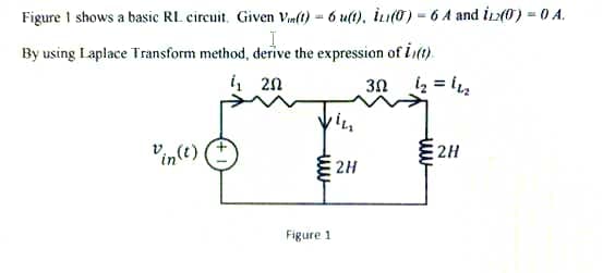 Figure 1 shows a basic RL. circuit. Given Vin(t) - 6 u(1), İi(0) - 6 A and i:(0) = 0 A.
By using Laplace Transform method, derive the expression of it).
i, 20
Vin(e)
2H
三2H
Figure 1
