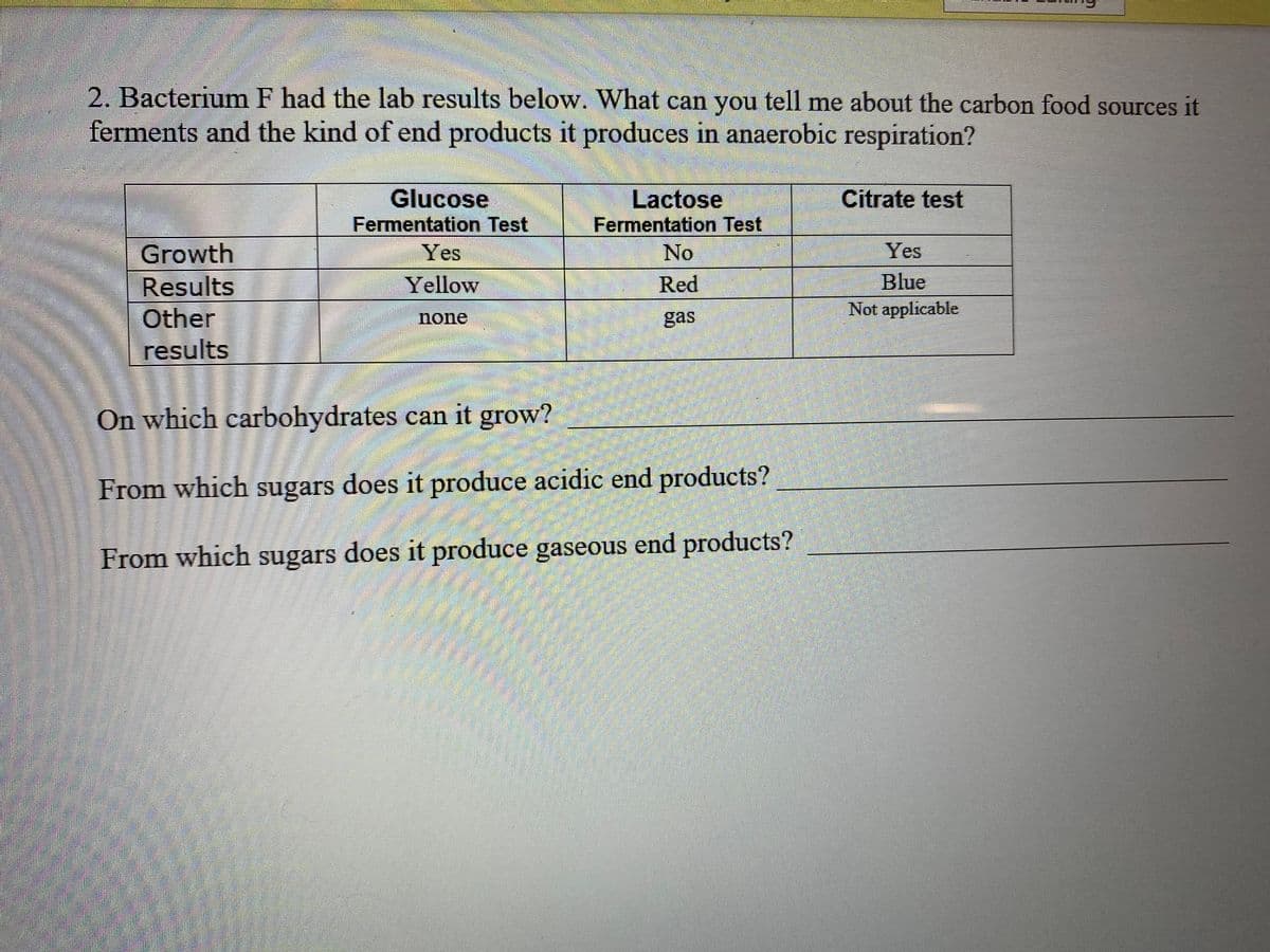 2. Bacterium F had the lab results below. What can you tell me about the carbon food sources it
ferments and the kind of end products it produces in anaerobic respiration?
Glucose
Fermentation Test
Yes
Lactose
Fermentation Test
No
Red
Citrate test
Yes
Blue
Not applicable
Growth
Yellow
Results
Other
results
none
gas
On which carbohydrates can it grow?
From which sugars does it produce acidic end products?
From which sugars does it produce gaseous end products?
