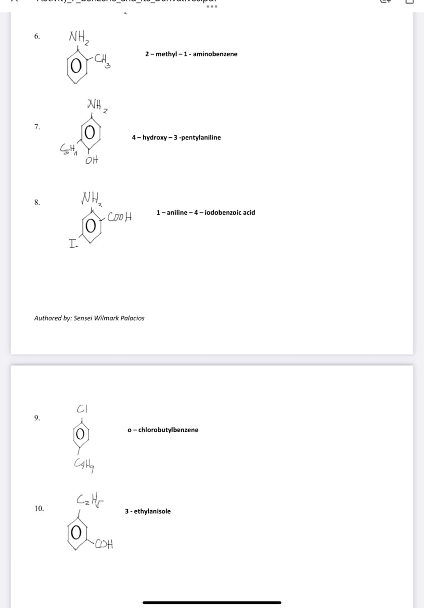 NH,
6.
2- methyl -1- aminobenzene
NH.
7.
4- hydroxy – 3 -pentylaniline
OH
8.
1- aniline - 4 – iodobenzoic acid
-cooH
Authored by: Sensei Wilmark Palacios
9.
o- chlorobutylbenzene
Cattr
10.
3 - ethylanisole
-COH
