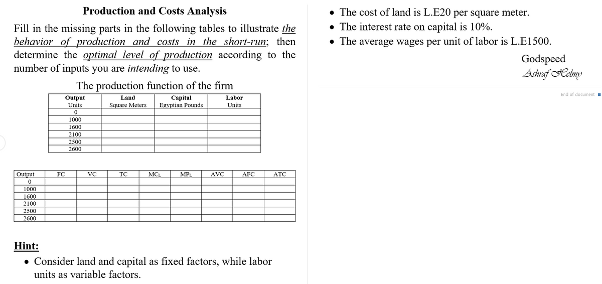 Production and Costs Analysis
• The cost of land is L.E20 per square meter.
• The interest rate on capital is 10%.
Fill in the missing parts in the following tables to illustrate the
behavior of production and costs in the short-run; then
determine the optimal level of production according to the
number of inputs you are intending to use.
• The average wages per unit of labor is L.E1500.
Godspeed
Ashraf Helmy
The production function of the firm
End of document I
Output
Units
Land
Сapital
Egyptian Pounds
Labor
Square Meters
Units
1000
1600
2100
2500
2600
Output
FC
VC
TC
MCL
MPL
AVC
AFC
ATC
1000
1600
2100
2500
2600
Hint:
• Consider land and capital as fixed factors, while labor
units as variable factors.
