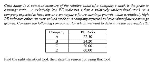 Case Study 1: A common measure of the relative value of a company's stock is the price to
earnings ratio... A relatively low PE indicates either a relatively undervalued stock or a
company expected to have low or even negative future earnings growth, while a relatively high
PE indicates either an over-valued stock or a company expected to have robust future earnings
growth. Consider the following companies, for which we want to determine the aggregate PE:
Company
A
B
с
D
PE Ratio
22.50
24.20
20.00
60.00
Find the right statistical tool, then state the reason for using that tool.