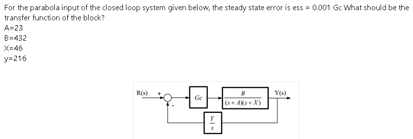 For the parabola input of the closed loop system given below, the steady state error is ess = 0.001 Gc What should be the
transfer function of the block?
A=23
B=432
X=46
y=216
Y(s)
|(s+ A)(s+X)
R(s)
B
Gc
Y
