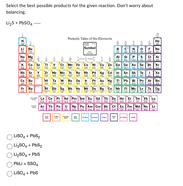 Select the best possible products for the given reaction. Don't worry about
balancing.
Li₂S + PbSO4
Na Mg
K
Rb
Cs
Be
Fr
Ra
Sc
w.n
IVE
LiSO4 + PbS₂
Li3SO4 + PbS2
Li₂SO4 + PbS
PbLi + SSO4
LiSO4 + PbS
wwwde
Ac
VER
Periodic Table of the Elements
Cr Mn
Aka
Zr Nb Mo Tc Ru Rh Pd
Symbol
W Re
La Ce Pr Nd Pm Sm Eu Gd Tb Dy Ho
Th Pa U Np Pu Am Cm Bk
Site
Ga Ge As Se
N
Ag
Pt Au Hg
Rf Db Sg Bh Hs Mt Ds Rg Cn Nh FI Mc Lv Ts Og
Moble
Sn Sb Te
Vas
He
ww
Ne
Br Kr
Xe
Bi Po At Rn
Er Tm Yb Lu
Es Fm Md No Lr