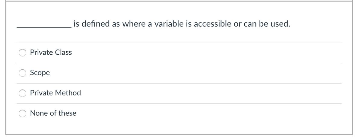 is defined as where a variable is accessible or can be used.
Private Class
Scope
Private Method
None of these
