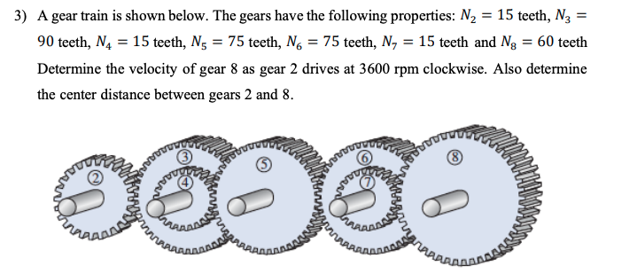 3) A gear train is shown below. The gears have the following properties: N2 = 15 teeth, N3 =
%3D
90 teeth, N4 = 15 teeth, Ng = 75 teeth, Ng = 75 teeth, N, = 15 teeth and Ng = 60 teeth
Determine the velocity of gear 8 as gear 2 drives at 3600 rpm clockwise. Also determine
the center distance between gears 2 and 8.
