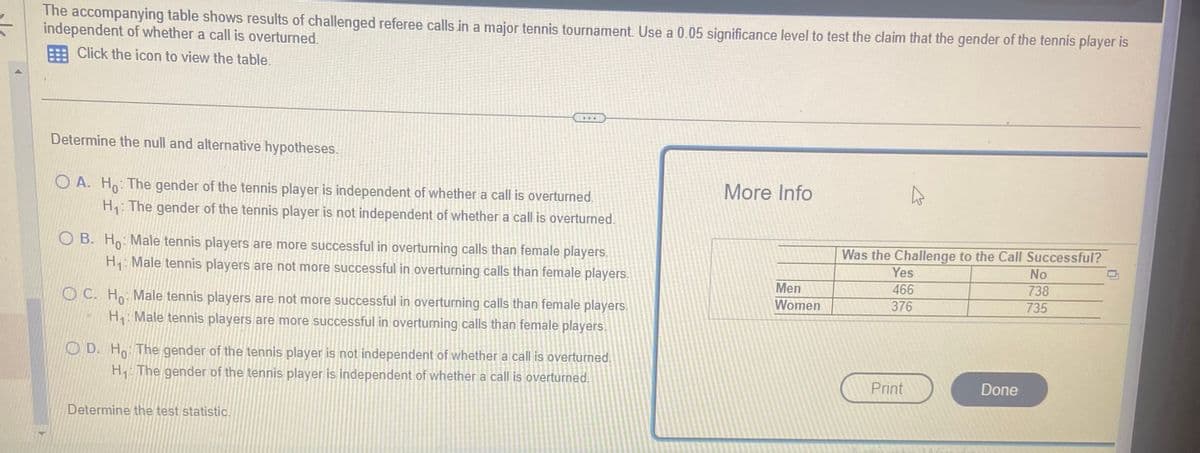 The accompanying table shows results of challenged referee calls in a major tennis tournament. Use a 0.05 significance level to test the claim that the gender of the tennis player is
independent of whether a call is overturned.
Click the icon to view the table.
Determine the null and alternative hypotheses.
O A. Ho: The gender of the tennis player is independent of whether a call is overturned.
H₁: The gender of the tennis player is not independent of whether a call is overturned.
OB. Ho: Male tennis players are more successful in overturning calls than female players.
H₁: Male tennis players are not more successful in overturning calls than female players.
OC. Ho: Male tennis players are not more successful in overturning calls than female players.
H₁: Male tennis players are more successful in overturning calls than female players.
OD. Ho: The gender of the tennis player is not independent of whether a call is overturned.
H₁: The gender of the tennis player is independent of whether a call is overturned.
Determine the test statistic.
More Info
Men
Women
Was the Challenge to the Call Successful?
Yes
466
376
Print
Done
No
738
735