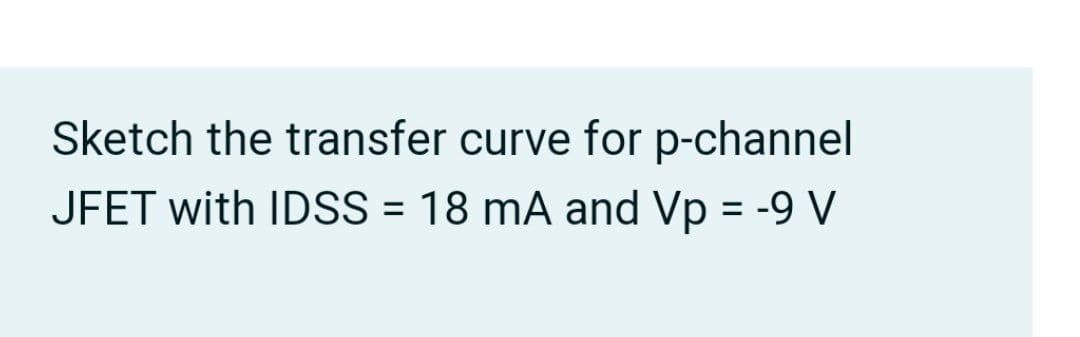 Sketch the transfer curve for p-channel
JFET with IDSS = 18 mA and Vp = -9 V

