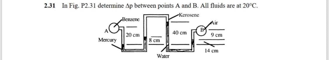 2.31 In Fig. P2.31 determine Ap between points A and B. All fluids are at 20°C.
Kerosene
Benzene
Air
B
9 cm
A
40 cm
20 cm
Меrcury
8 cm
14 cm
Water
