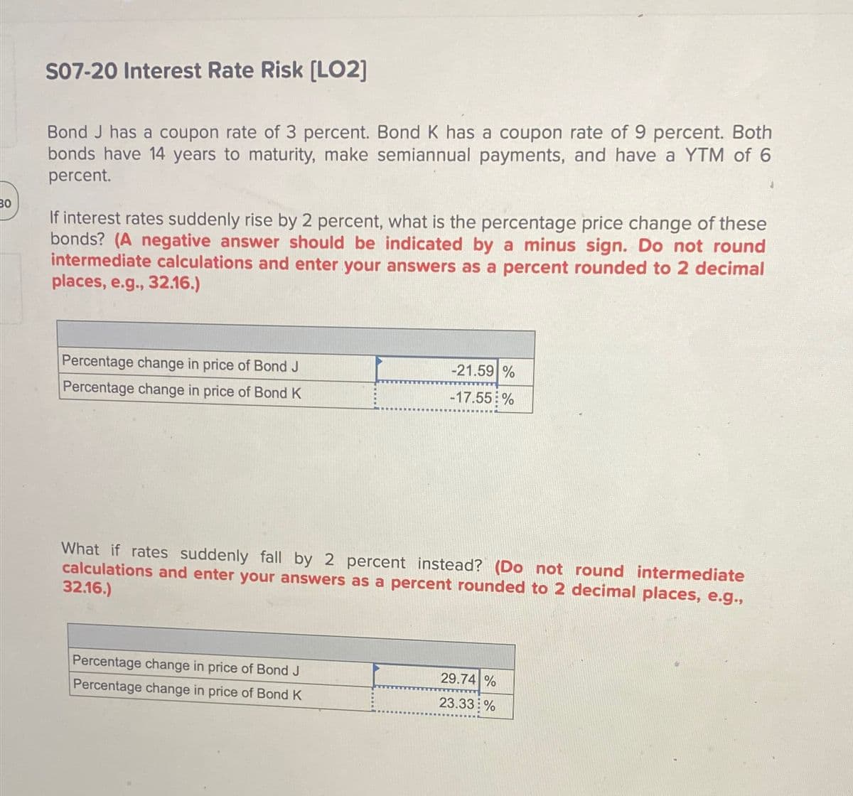 30
S07-20 Interest Rate Risk [LO2]
Bond J has a coupon rate of 3 percent. Bond K has a coupon rate of 9 percent. Both
bonds have 14 years to maturity, make semiannual payments, and have a YTM of 6
percent.
If interest rates suddenly rise by 2 percent, what is the percentage price change of these
bonds? (A negative answer should be indicated by a minus sign. Do not round
intermediate calculations and enter your answers as a percent rounded to 2 decimal
places, e.g., 32.16.)
Percentage change in price of Bond J
Percentage change in price of Bond K
-21.59%
-17.55%
What if rates suddenly fall by 2 percent instead? (Do not round intermediate
calculations and enter your answers as a percent rounded to 2 decimal places, e.g.,
32.16.)
Percentage change in price of Bond J
Percentage change in price of Bond K
29.74 %
23.33%