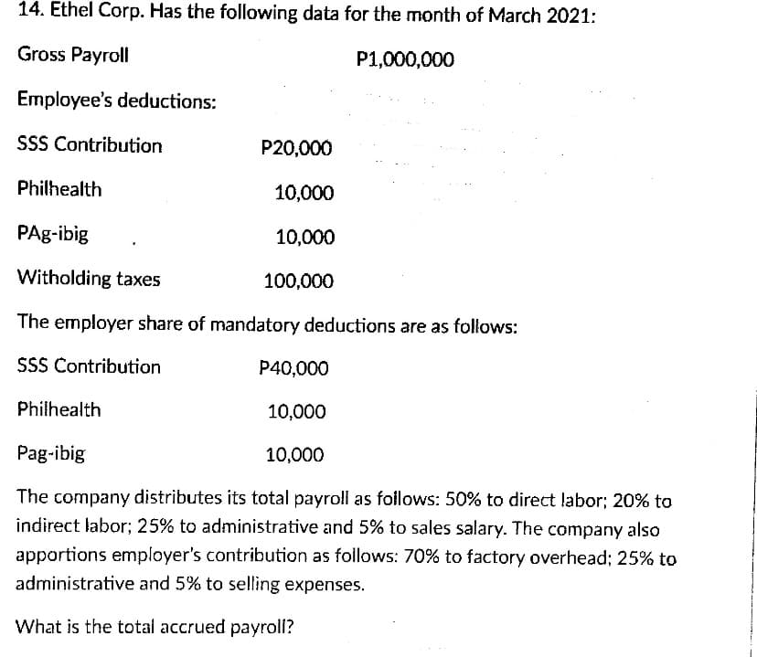 14. Éthel Corp. Has the following data for the month of March 2021:
Gross Payroll
P1,000,000
Employee's deductions:
SSS Contribution
P20,000
Philhealth
10,000
PAg-ibig
10,000
Witholding taxes
100,000
The employer share of mandatory deductions are as follows:
SSS Contribution
P40,000
Philhealth
10,000
Pag-ibig
10,000
The company distributes its total payroll as foilows: 50% to direct labor; 20% to
indirect labor; 25% to administrative and 5% to sales salary. The company also
apportions employer's contribution as follows: 70% to factory overhead; 25% to
administrative and 5% to selling expenses.
What is the total accrued payroll?
