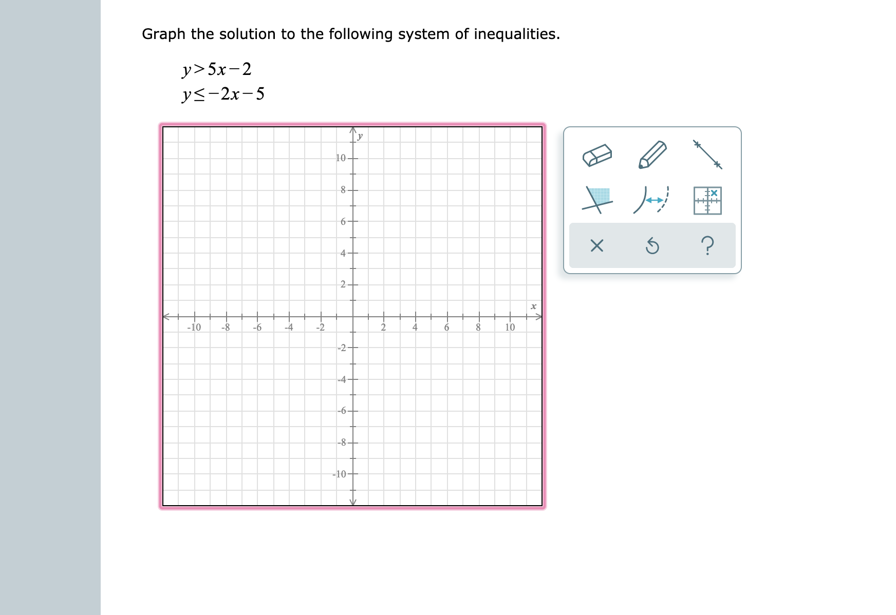 Graph the solution to the following system of inequalities.
y>5x-2
y-2x-5
у
10
8
6
?
4-
2
-10
-8
-6
-4
-2
2
4
6
10
-2
4
-6
-8
-10-
