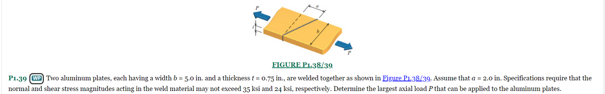 b
FIGURE P1.38/39.
P1.39 (WP Two aluminum plates, each having a width b = 5.0 in. and a thickness t = 0.75 in., are welded together as shown in Figure P1.38/39. Assume that a = 2.0 in. Specifications require that the
normal and shear stress magnitudes acting in the weld material may not exceed 35 ksi and 24 ksi, respectively. Determine the largest axial load P that can be applied to the aluminum plates.