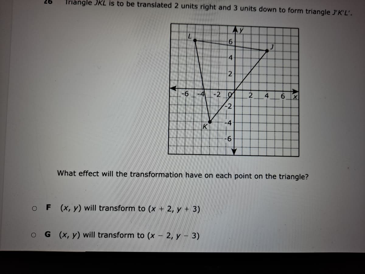 Triangle JKL is to be translated 2 units right and 3 units down to form triangle. J'K'L'.
Ay
4
2
-6
-4
-2 0
4.
6.
-2
-4
9-
What effect will the transformation have on each point on the triangle?
F (x, y) will transform to (x + 2, y + 3)
G (x, y) will transform to (x – 2, y – 3)
