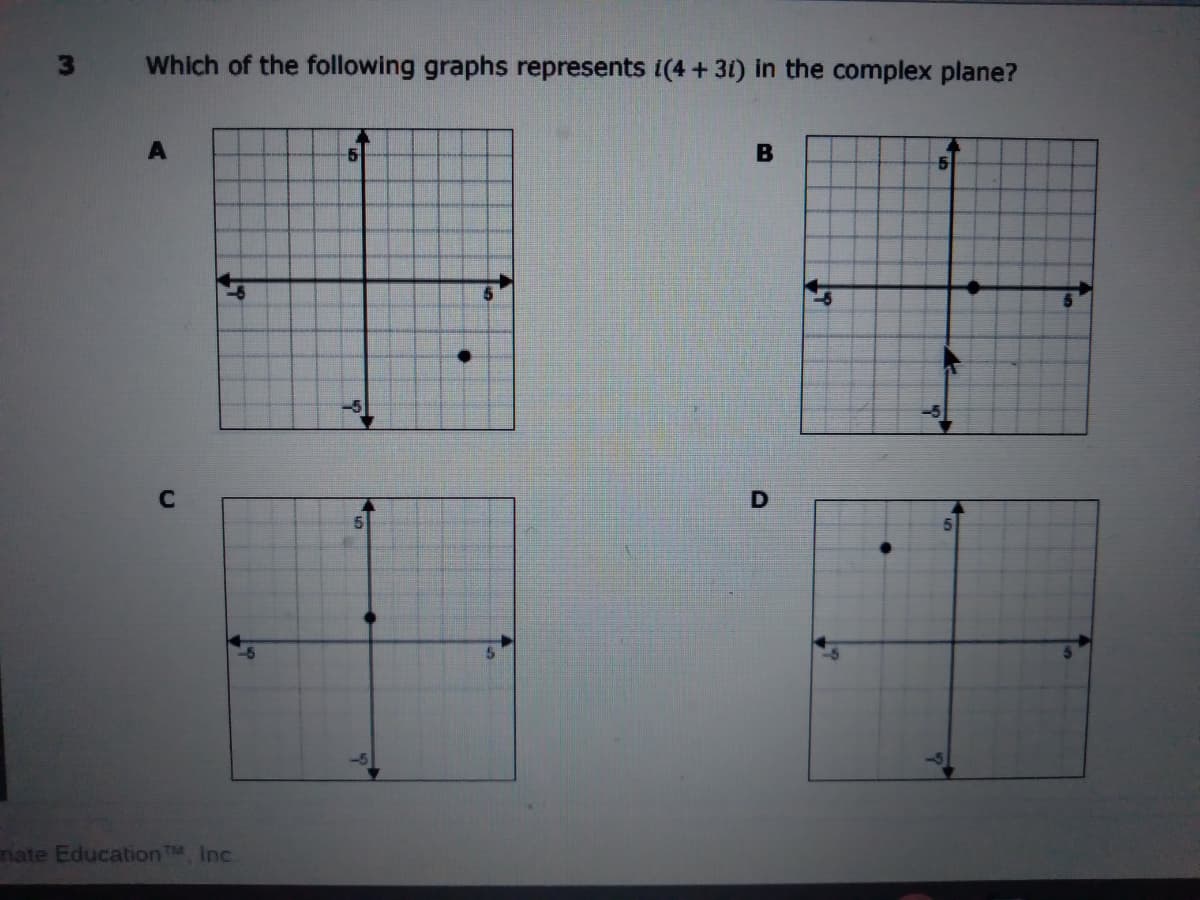Which of the following graphs represents i(4+ 31) in the complex plane?
5
B
5
nate EducationTM Inc.
D.
