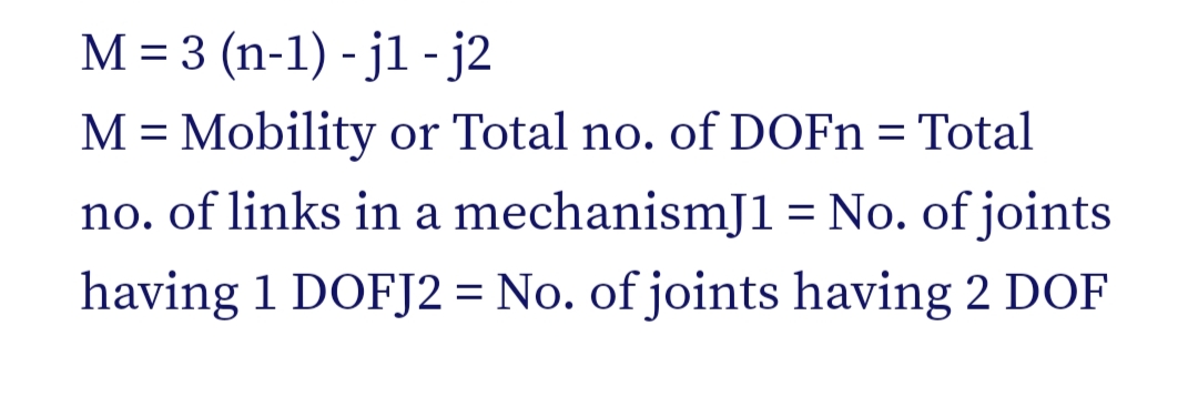 M = 3 (n-1) - j1 - j2
M = Mobility or Total no. of DOFn = Total
no. of links in a mechanismJ1 = No. of joints
having 1 DOFJ2 = No. of joints having 2 DOF