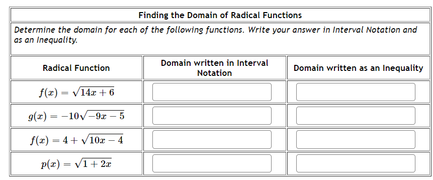 Finding the Domain of Radical Functions
Determine the domain for each of the following functions. Write your answer in Interval Notation and
as an Inequality.
Radical Function
f(x)=√14x + 6
g(x) = -10√-9x - 5
f(x) = 4+ √10x - 4
p(x) = √1 + 2x
Domain written in Interval
Notation
Domain written as an Inequality