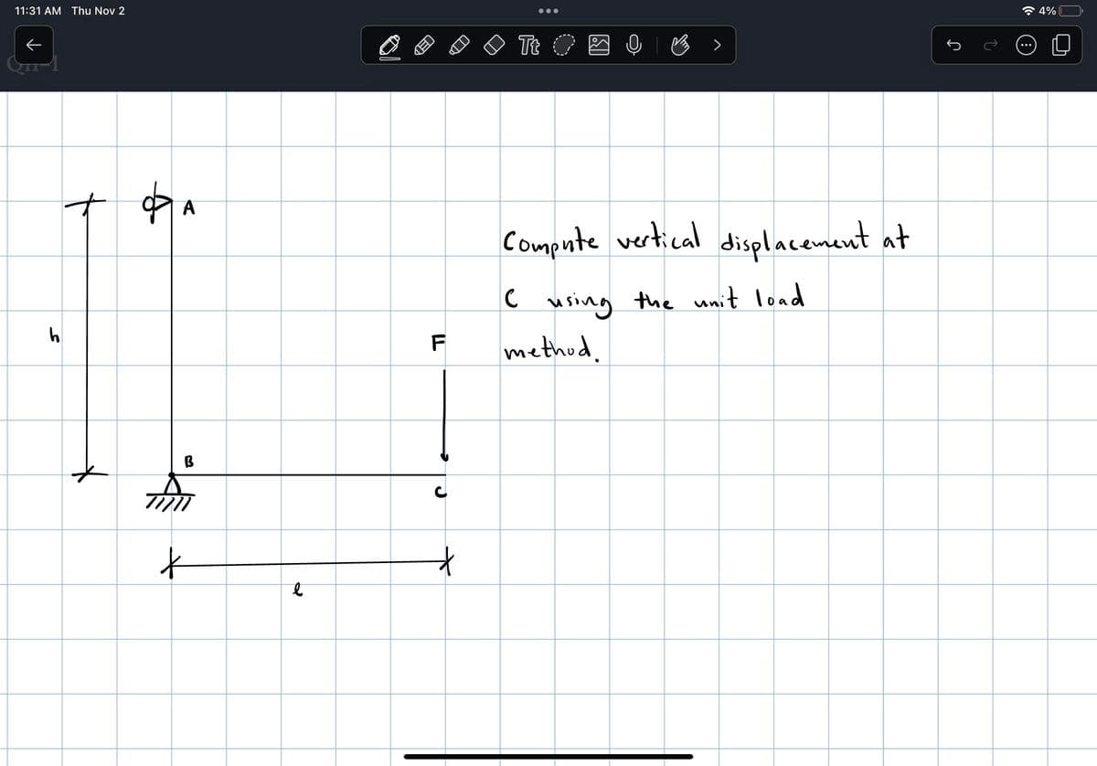 11:31 AM Thu Nov 2
h
+
фа
A
B
t
l
LED
F
J
●●●
Tt O
V
Compute vertical displacement at
( using the unit load
method.
4%
U