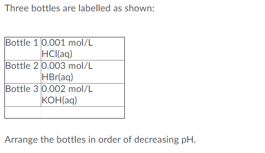 Three bottles are labelled as shown:
Bottle 1 0.001 mol/L
HCI(aq)
Bottle 2 0.003 mol/L
HBr(aq)
Bottle 3 0.002 mol/L
КОНag)
Arrange the bottles in order of decreasing pH.
