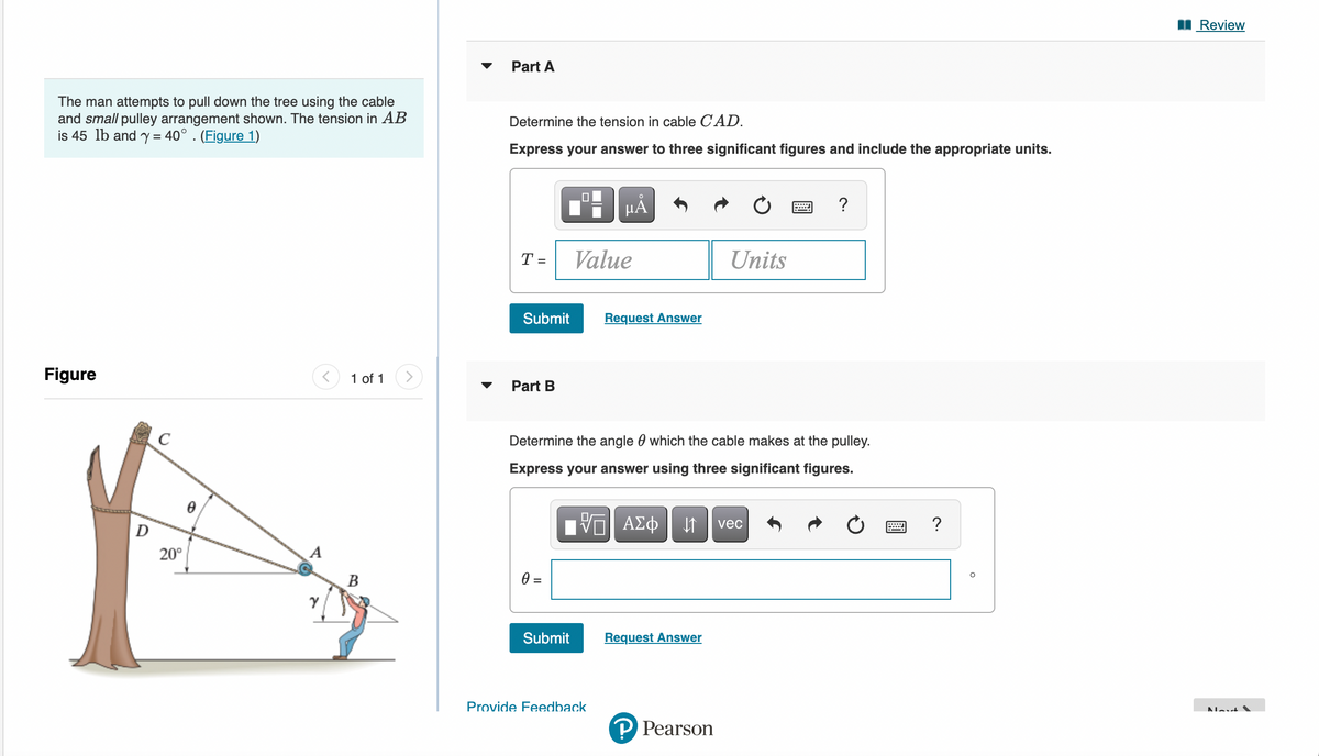 The man attempts to pull down the tree using the cable
and small pulley arrangement shown. The tension in AB
is 45 lb and y = 40°. (Figure 1)
Figure
D
с
20⁰
0
1 of 1
B
Part A
Determine the tension in cable CAD.
Express your answer to three significant figures and include the appropriate units.
T =
Submit
Part B
0 =
0
Submit
μA
Value
Request Answer
Determine the angle which the cable makes at the pulley.
Express your answer using three significant figures.
——| ΑΣΦ | L
VE
Provide Feedback
Request Answer
Units
P Pearson
?
vec
wwwww
?
O
Review
Nout