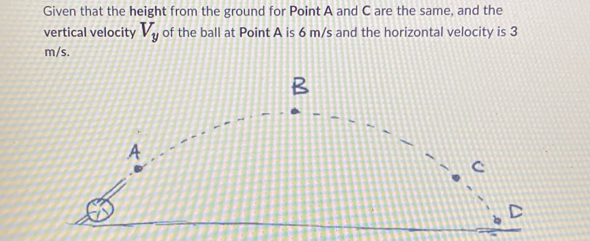 Given that the height from the ground for Point A and C are the same, and the
vertical velocity Vy of the ball at Point A is 6 m/s and the horizontal velocity is 3
m/s.
A
B
0