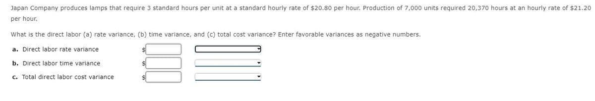 Japan Company produces lamps that require 3 standard hours per unit at a standard hourly rate of $20.80 per hour. Production of 7,000 units required 20,370 hours at an hourly rate of $21.20
per hour.
What is the direct labor (a) rate variance, (b) time variance, and (c) total cost variance? Enter favorable variances as negative numbers.
a. Direct labor rate variance
b. Direct labor time variance
c. Total direct labor cost variance
$
$