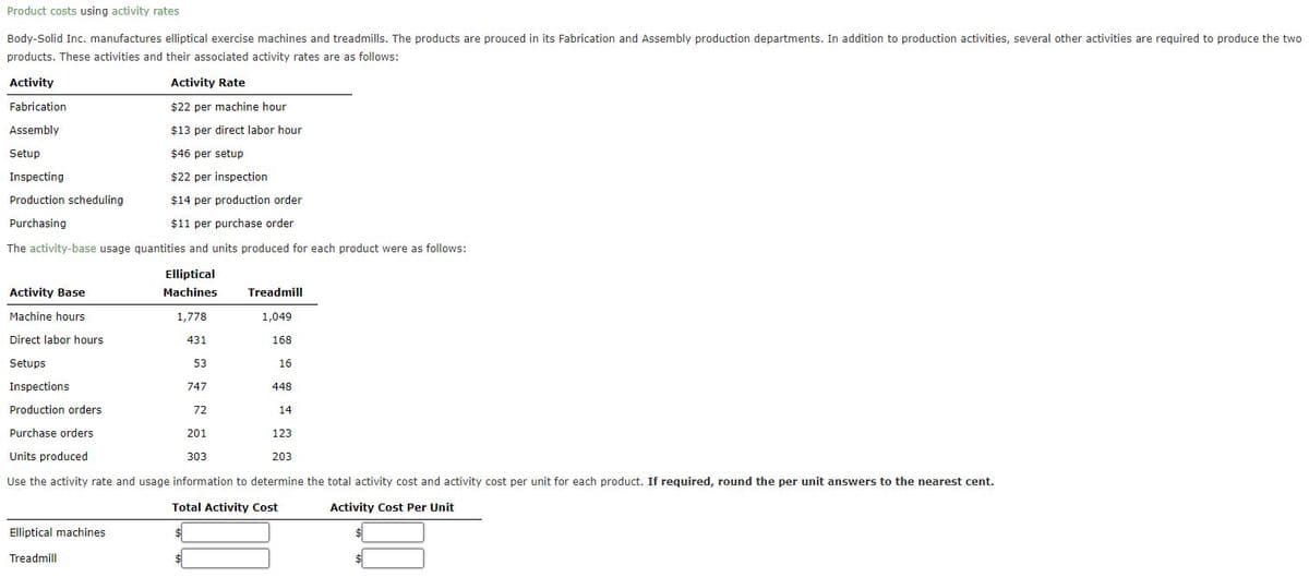 Product costs using activity rates
Body-Solid Inc. manufactures elliptical exercise machines and treadmills. The products are prouced in its Fabrication and Assembly production departments. In addition to production activities, several other activities are required to produce the two
products. These activities and their associated activity rates are as follows:
Activity
Fabrication
Assembly
Setup
Inspecting
Production scheduling
Purchasing
Activity Rate
$22 per machine hour
$13 per direct labor hour
$46 per setup
$22 per inspection
$14 per production order
$11 per purchase order
The activity-base usage quantities and units produced for each product were as follows:
Activity Base
Machine hours
Direct labor hours
Setups
Inspections
Production orders
Purchase orders
Elliptical
Machines
1,778
Elliptical machines
Treadmill
431
$
53
747
72
Treadmill
1,049
168
16
201
Units produced
303
Use the activity rate and usage information to determine the total activity cost and activity cost per unit for each product. If required, round the per unit answers to the nearest cent.
Activity Cost Per Unit
Total Activity Cost
448
14
123
203