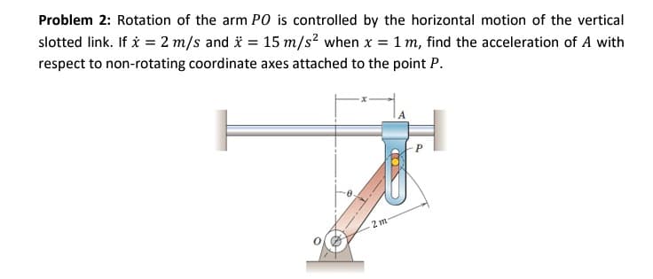 Problem 2: Rotation of the arm PO is controlled by the horizontal motion of the vertical
slotted link. If x = 2 m/s and x = 15 m/s² when x = 1m, find the acceleration of A with
respect to non-rotating coordinate axes attached to the point P.
2 m
P