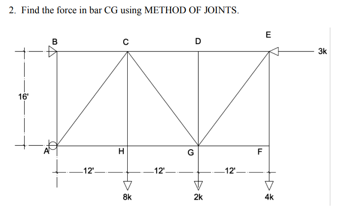 2. Find the force in bar CG using METHOD OF JOINTS.
B
C
D
16'
A
12'.
H
8k
-12'
G
▷
V
2k
-12'-
F
E
4k
3k
