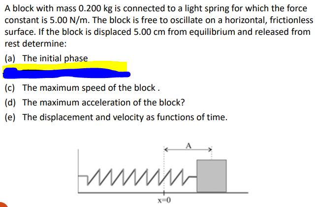 A block with mass 0.200 kg is connected to a light spring for which the force
constant is 5.00 N/m. The block is free to oscillate on a horizontal, frictionless
surface. If the block is displaced 5.00 cm from equilibrium and released from
rest determine:
(a) The initial phase
(c) The maximum speed of the block.
(d) The maximum acceleration of the block?
(e) The displacement and velocity as functions of time.
нии
wwwwwww
x=0