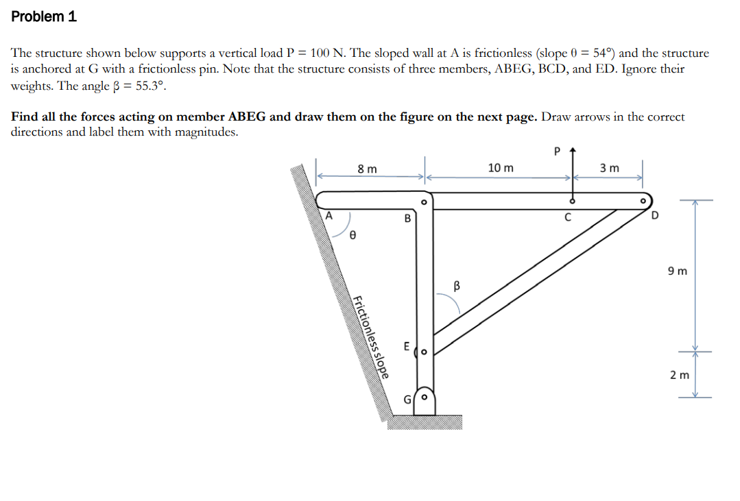 Problem 1
The structure shown below supports a vertical load P = 100 N. The sloped wall at A is frictionless (slope 0 = 54°) and the structure
is anchored at G with a frictionless pin. Note that the structure consists of three members, ABEG, BCD, and ED. Ignore their
weights. The angle ß = 55.3°.
Find all the forces acting on member ABEG and draw them on the figure on the next page. Draw arrows in the correct
directions and label them with magnitudes.
A
8m
e
Frictionless slope
B
O
B
10 m
P
C
3 m
D
9 m
2 m