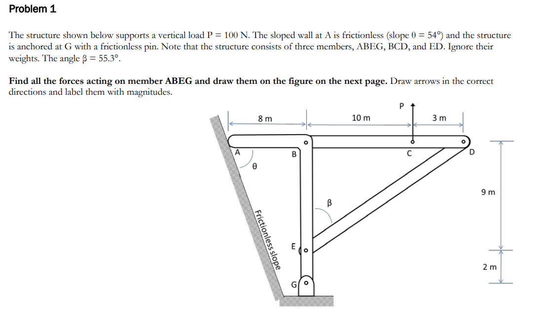 Problem 1
The structure shown below supports a vertical load P = 100 N. The sloped wall at A is frictionless (slope 0 = 54°) and the structure
is anchored at G with a frictionless pin. Note that the structure consists of three members, ABEG, BCD, and ED. Ignore their
weights. The angle 3 = 55.3°.
Find all the forces acting on member ABEG and draw them on the figure on the next page. Draw arrows in the correct
directions and label them with magnitudes.
A
8 m
Frictionless slope
B
10 m
P
C
3 m
D
9m
2 m