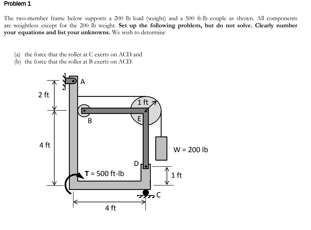 Problem 1
The two-member frame below supports a 200 lb load (weight) and a 500 ft-lb couple as shown. All components
are weightless except for the 200 lb weight. Set up the following problem, but do not solve. Clearly number
your equations and list your unknowns. We wish to determine
(a) the force that the roller at C exerts on ACD and
(b) the force that the roller at B exerts on ACD.
2 ft
4 ft
A
B
T = 500 ft-lb
4 ft
1 ft
E
W = 200 lb
1 ft
