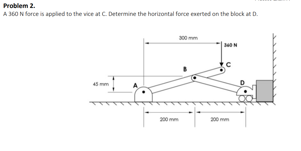 Problem 2.
A 360 N force is applied to the vice at C. Determine the horizontal force exerted on the block at D.
45 mm
A
200 mm
300 mm
B
360 N
200 mm