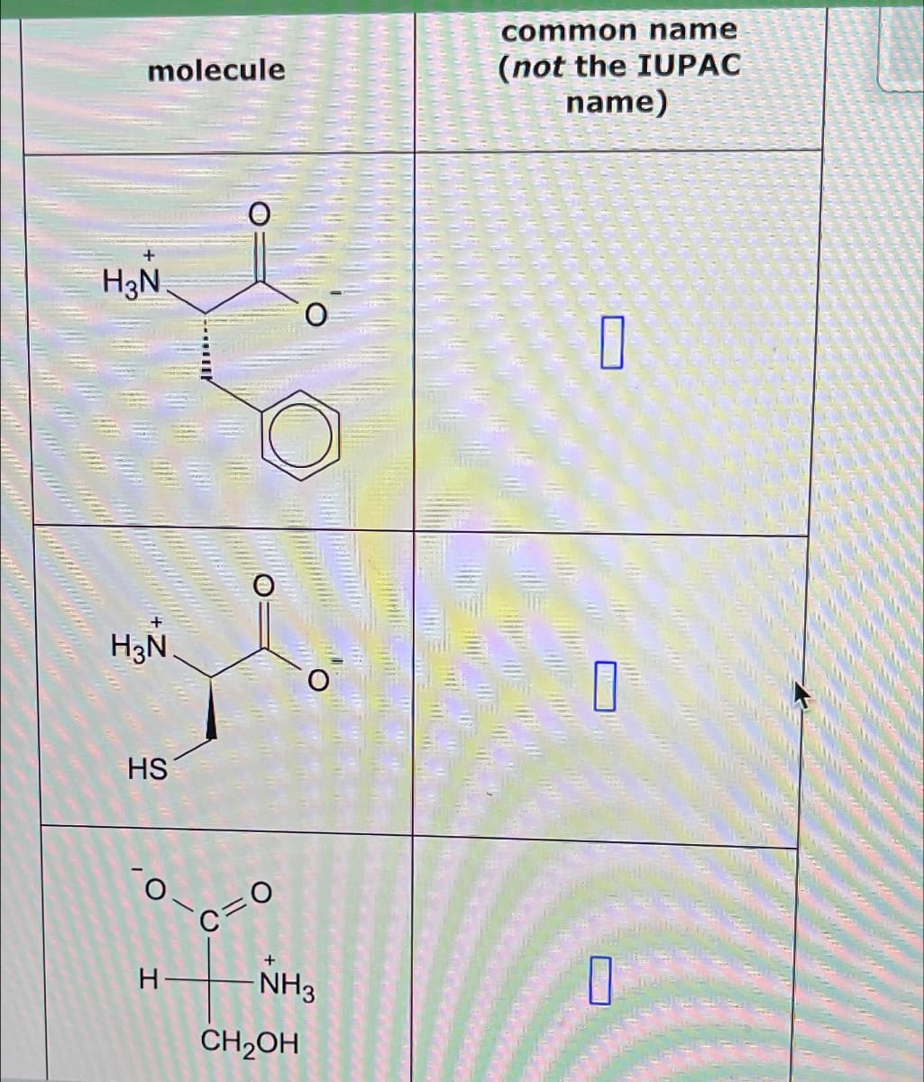 molecule
common name
(not the IUPAC
name)
H3N
+
H3N
HS
O
☐
Ο
H
о
C=
O
+
NH3
CH2OH
