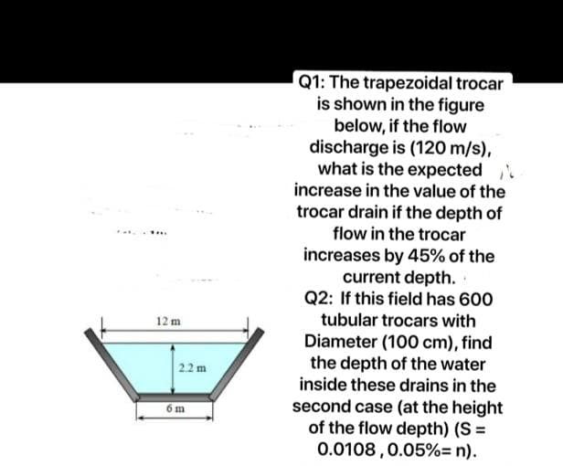Pat
TH
12 m
6 m
Q1: The trapezoidal trocar
is shown in the figure
below, if the flow
discharge is (120 m/s),
what is the expected
increase in the value of the
trocar drain if the depth of
flow in the trocar
increases by 45% of the
current depth.
Q2: If this field has 600
tubular trocars with
Diameter (100 cm), find
the depth of the water
inside these drains in the
second case (at the height
of the flow depth) (S =
0.0108, 0.05%= n).