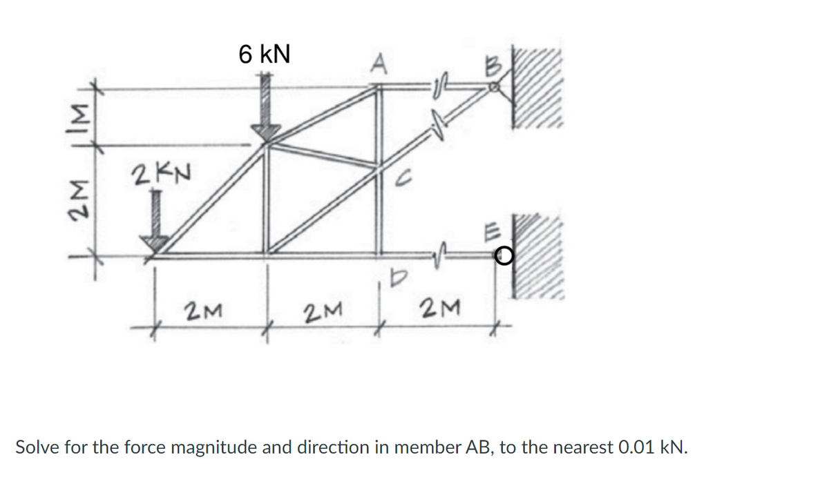 6 kN
A
2KN
2M
2M
2M
Solve for the force magnitude and direction in member AB, to the nearest 0.01 kN.
2M
twit
