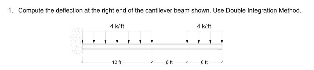 1. Compute the deflection at the right end of the cantilever beam shown. Use Double Integration Method.
4 k/ ft
4 k/ft
12 ft
6 ft
6 ft
