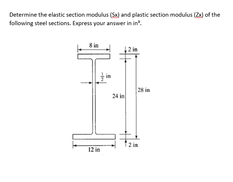Determine the elastic section modulus (Sx) and plastic section modulus (Zx) of the
following steel sections. Express your answer in in³.
8 in
12 in
1 in
28 in
24 in
1 2 in
12 in
主
