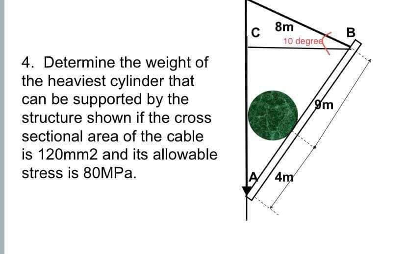 4. Determine the weight of
the heaviest cylinder that
can be supported by the
structure shown if the cross
sectional area of the cable
is 120mm2 and its allowable
stress is 80MPa.
C
8m
10 degree
4m
9m
B