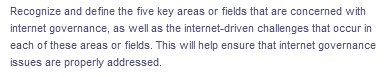 Recognize and define the five key areas or fields that are concerned with
internet governance, as well as the internet-driven challenges that occur in
each of these areas or fields. This will help ensure that internet governance
issues are properly addressed.