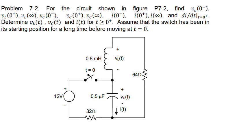 Problem 7-2. For the circuit shown in
v₁(0*), v₁ (∞), vc (0¯),
Determine v₁ (t), vc(t)
figure P7-2, find v₁ (0-),
vc(0+), vc(∞), i(0¯), i(0¹), i(∞), and di/dt|t=0+.
and i(t) for t≥ 0+. Assume that the switch has been in
its starting position for a long time before moving at t = 0.
+
12V(
0.8 mH
t = 0
X.
0.5 μF
320
ww
+
VL(t)
vc(t)
i(t)
64Ω.