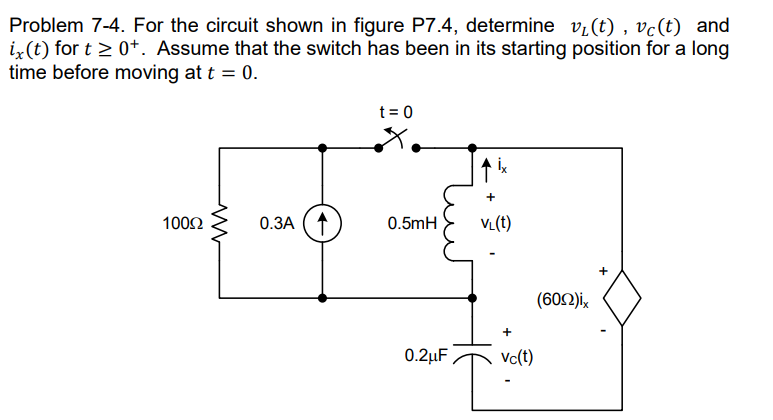 Problem 7-4. For the circuit shown in figure P7.4, determine v₁(t), vc(t) and
ix(t) for t≥ 0+. Assume that the switch has been in its starting position for a long
time before moving at t = 0.
100Ω
www
0.3A (1
t = 0
0.5mH
0.2μF
+
VL(t)
Vc(t)
'T'
(609)ix