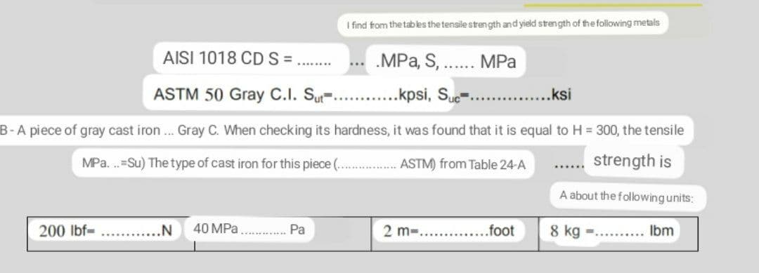 I find from the tabes the tensile strength and yield strength of the following metals
AISI 1018 CD S =
.MPa, S, . MPa
......
ASTM 50 Gray C.I. Su=.
...kpsi, Suc=...
..ksi
B-A piece of gray cast iron... Gray C. When checking its hardness, it was found that it is equal to H = 300, the tensile
MPa. .=Su) The type of cast iron for this piece (...
ASTM) from Table 24-A
strength is
A about the following units:
200 lbf-
.N
40 MPa .
Pa
2 m-.......foot
8 kg -......
Ibm
