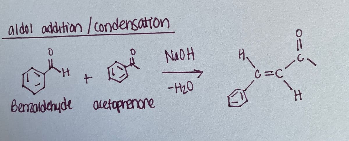 aldol addition /condensation
NAOH
t.
C=C
Bernoldehyde acetopnenore
-H2O
H.
