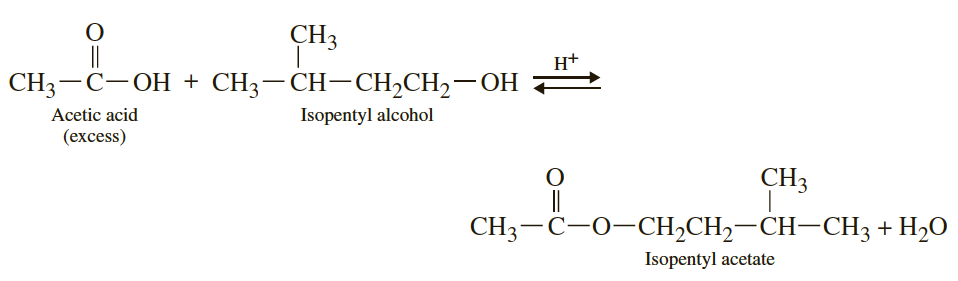 CH3
||
H+
CH3-C-OH + CH3-CH-CH2CH2-OH
Аcetic acid
Isopentyl alcohol
(еxcess)
CH3
||
CH3-C-O-CH,CH,–CH-CH3 + H2O
Isopentyl acetate
