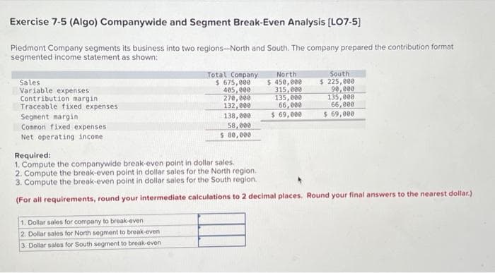 Exercise 7-5 (Algo) Companywide and Segment Break-Even Analysis [LO7-5]
Piedmont Company segments its business into two regions-North and South. The company prepared the contribution format
segmented income statement as shown:
Sales
Variable expenses
Contribution margin
Traceable fixed expenses
Segment margin
Common fixed expenses
Net operating income.
Total Company
$ 675,000
405,000
1. Dollar sales for company to break-even
2. Dollar sales for North segment to break-even
3. Dollar sales for South segment to break-even
270,000
132,000
138,000
58,000
$ 80,000
North
$ 450,000
315,000
135,000
66,000
$ 69,000
South
$ 225,000
90,000
135,000
66,000
$ 69,000
Required:
1. Compute the companywide break-even point in dollar sales.
2. Compute the break-even point in dollar sales for the North region.
3. Compute the break-even point in dollar sales for the South region.
(For all requirements, round your intermediate calculations to 2 decimal places. Round your final answers to the nearest dollar.)